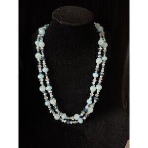 Necklace Blue Glass Bead Double Strand Aurora Borealis multi shade blue Spring